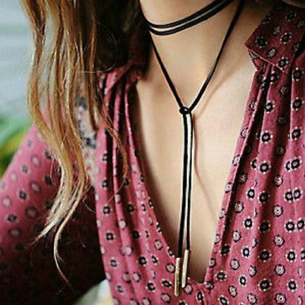 Gold tone black leather choker necklace   